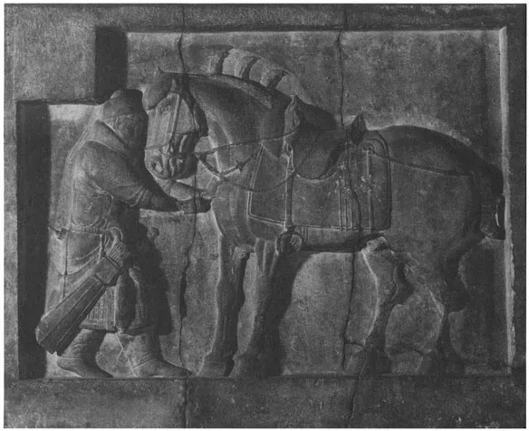 FIGURE 1.2 Relief from the tomb of the Emperor Taizong (ruled 626-649 C.E.), showing a general removing an arrow from a wounded horse (University of Pennsylvania Museum [Neg. #23298])