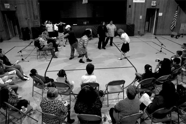 Figure 1 Boal workshop. Setting up changes in an opening fluid image to show how awareness of exposure pathways and environmental health risks can transform a neighborhood (Teatro Luca/de Madres a Madres at Holy Name parish, Houston, TX, 2005).