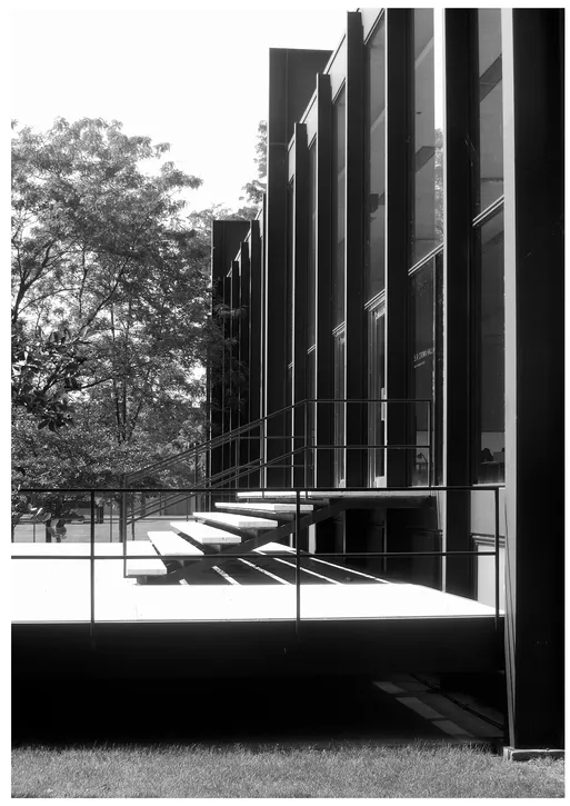 1.3 Raking view of entry façade of Crown Hall, Chicago, 1950–56, Ludwig Mies van der Rohe. Photo: Randall Ott.