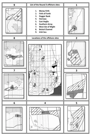 Figure 1.1 UK map with the geographical location of the Round 3 sites