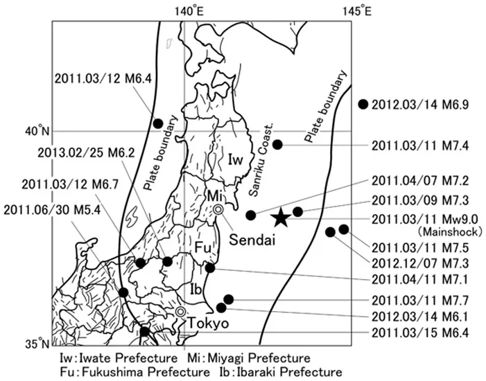 Figure 1.1 Epicenters of foreshocks, mainshock, aftershocks, and induced earthquakes related to the 2011 Tohoku Earthquake.