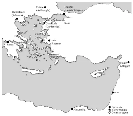 Figure 1.1 Map of the Levant Company Consulates