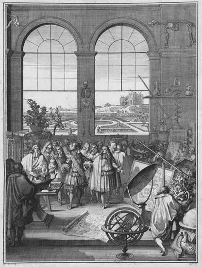 Figure 1.2 Sébastien Leclerc’s etching of Louis XIV’s (imagined) visit to the Académie des Sciences in Paris, from Mémoires pour Servir à l’Histoire Naturelle des Animaux (1671).