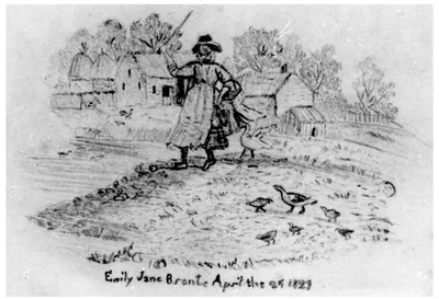 Fig. 1.1 “The farmer’s wife,” pencil copy by the ten-year-old Emily Brontë from one of Thomas Bewick’s “tail-pieces” in A History of British Birds, vol. 2.