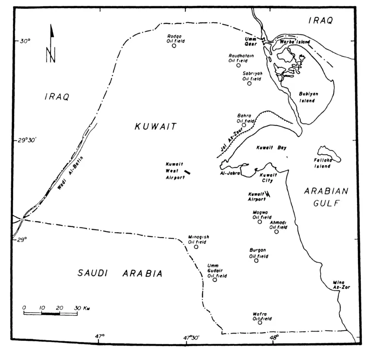 Figure 1. Map of Kuwait showing its major geographic features and the location of ten oil fields.