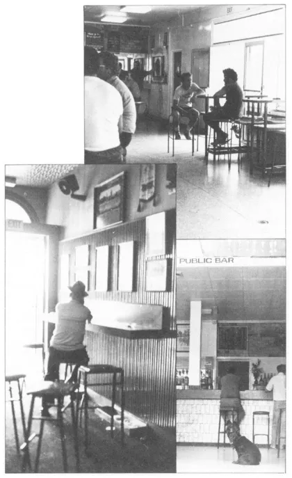 The domain of the pub. Despite renovations, the floor can still be hosed down at the end of the day, the occupants are still male, and the outside world is the cause of the retreat. Vinyl stools, laminex benches, tiled bars, dart boards and counter lunch menus are still the norm. In one of these bars, a TV set bore the admonition, 'To Be Used For Watching Sporting Events Only'. Diminished it may be as the dominant area in the pub these days, but its values are still preserved, and defended.