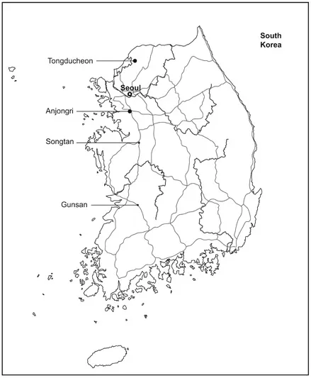 Figure 1.1 Map of the Korean Peninsula showing major US military camp towns
