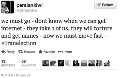 Figure 1.1 Iranian activist’s tweet from the 2009 protests.