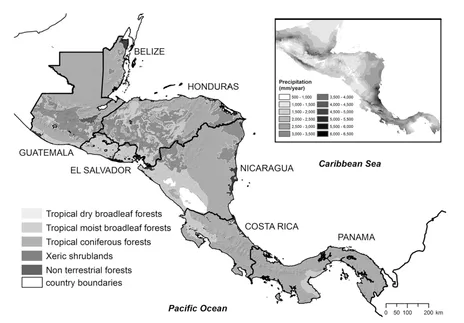 Figure 1.1 Biomes of Central America Source: based on Olson et al. (2001) and Jarvis et al. (2008).