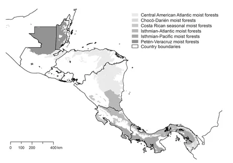 Figure 1.2 Tropical moist broadleaf forests (lowland) ecoregions of Central America Source: based on Olson et al. (2001).