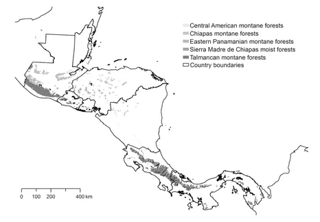 Figure 1.3 Tropical moist broadleaf forests (montane) ecoregions of Central America Source: based on Olson et al. (2001).