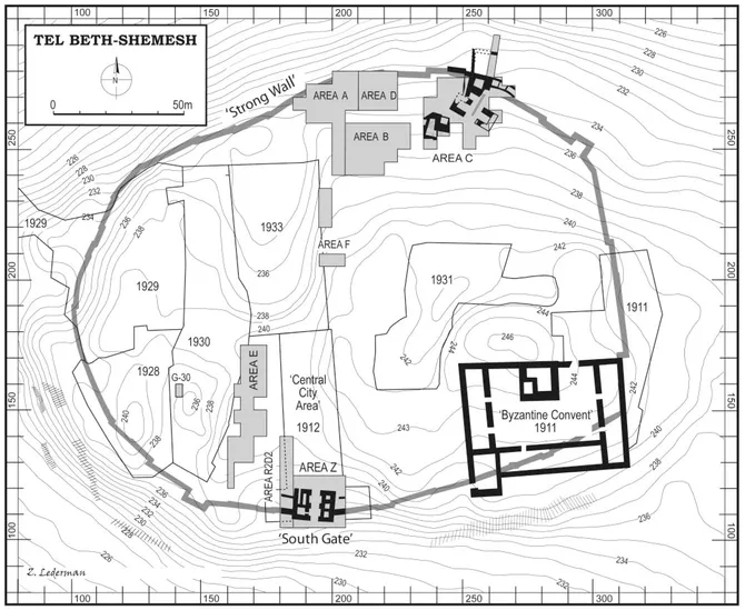 FIGURE 1.4. Beth Shemesh: map of excavation areas, 1911–2012.
