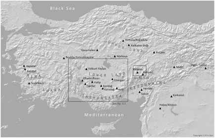 Figure 1.1 Map of the Anatolian Peninsula during the Late Bronze–Iron Age transition with sites mentioned in the text. (Base Map by Peri Johnson, using ESRI Topographic Data [Creative Commons]: World Shaded Relief)