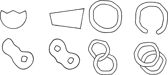 Fig. 1. Toothed semi-circle, trapezoid, irregular surfaces pierced by one or two holes, open and closed rings, intertwined and superimposed rings. (The Child’s Conception of Space, p. 19.)