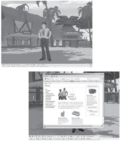 Figures 1-1 and 1-2. The 3D online world known as There offers a glimpse of a future where we can instantly toggle between the real world and a global, wireless Internet. Images courtesy of Forterra Systems.