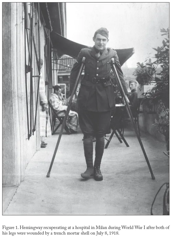 Image: Figure 1. Hemingway recuperating at a hospital in Milan during World War I after both of his legs were wounded by a trench mortar shell on July 8, 1918.