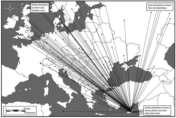 FIGURE 2. Map showing some (though not all) of the destinations from Larnaca Airport.
