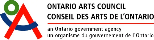 A large red A is bisected by an angled blue C, with a green O balanced between the two letters on the left. To the right of the OAC logo are the words 'Ontario Arts Council / Counseil des arts de l'Ontario' over a red line with the words 'An Ontario Government Agency / un organisme du gouvernement de l'Ontario' below the line.