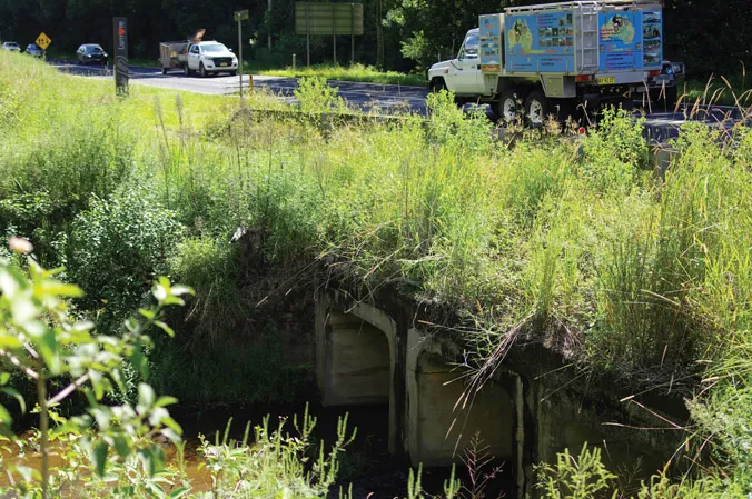 (B) Outlet of three-cell standard box culvert along Marom creek beneath Bruxner highway B60 at Wollongbar NSW, Australia, on 15 March 2018