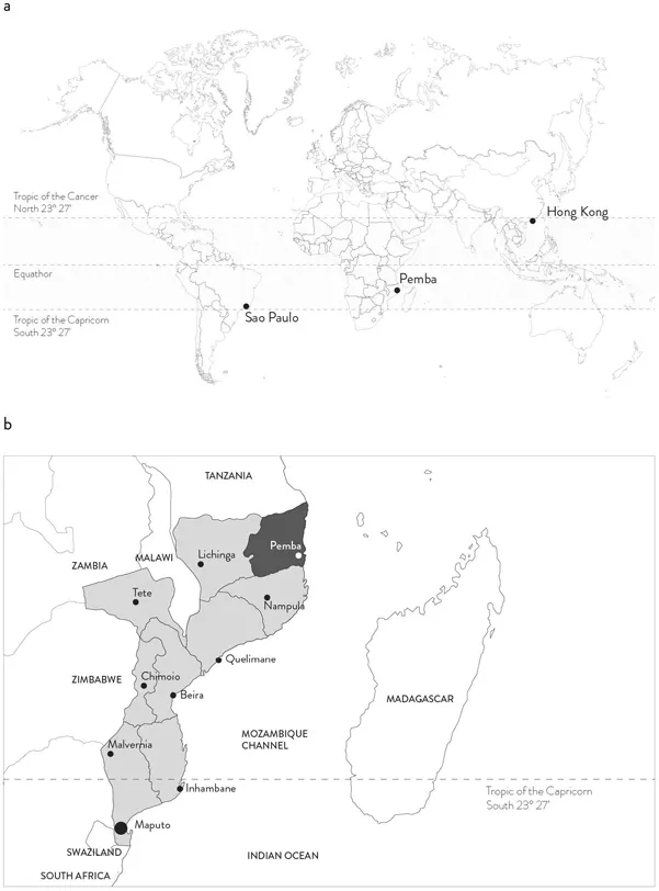 Figure 1.1 Framing of the research case studies and localization. (a) Spontaneous living spaces location map. (b) Mozambique with highlighted Pemba and Cabo Delgado region