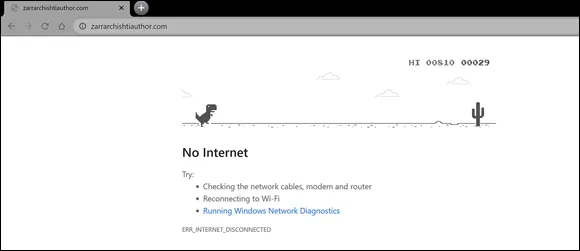 Screenshot of Google’s Chrome web browser that can’t load a page for some reason, but presents the user with a simple yet highly engaging minigame.