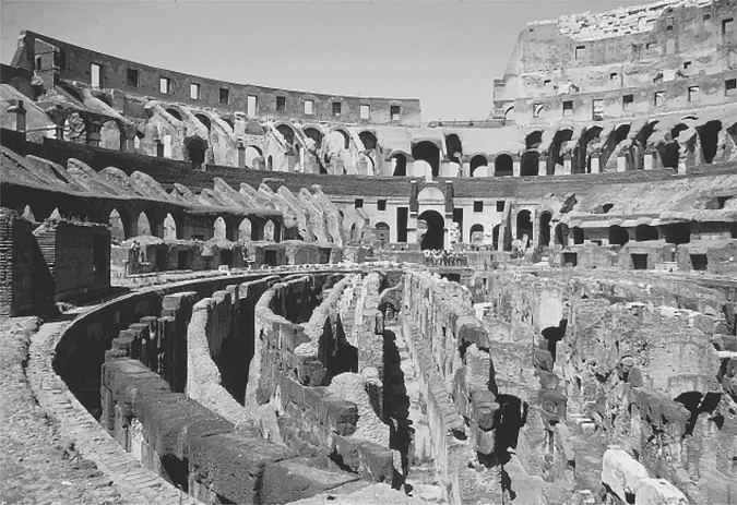 Figure 1.1 Colosseum (Flavian amphitheatre), Rome: the interior of the monument and the substructures surviving in the arena.