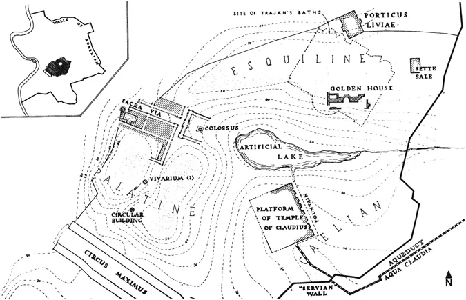 Figure 1.2 Rome, Nero’s Golden House: sketch-plan of the probable extent of the park, showing the known structures. Ward-Perkins 1981, 60, figure 26.