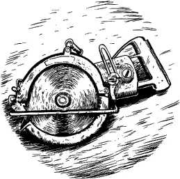 Íllustration of a circular saw laying in the grass.