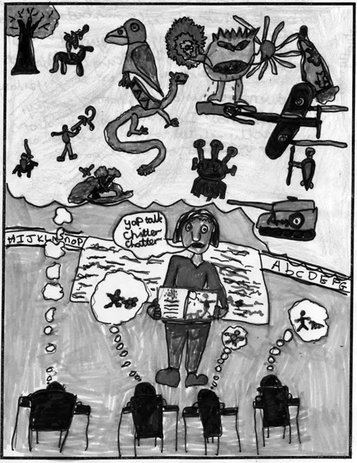 Figure 14 Cameron, aged 11: In my picture a teacher is reading a book to her class (some children are hidden at the side of the picture). All are thinking different things but one child, actually me, is thinking of different genres of picturebooks, for example: sci-fi, fantasy, adventure, historical, horror/spooky, traditional. I am thinking of questions directly related to the book, such as ‘Who is the person in the book?’