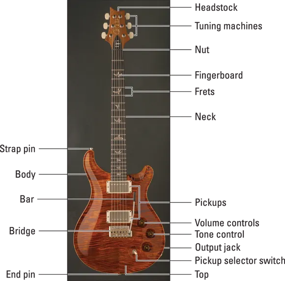 Photo depicts the typical electric guitar with its major parts labeled.