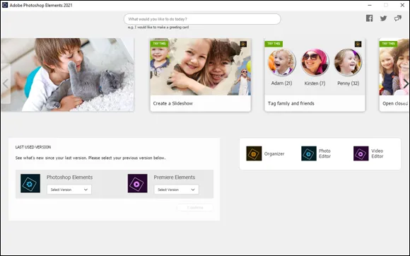 Snapshot of the Photoshop Elements Home screen.