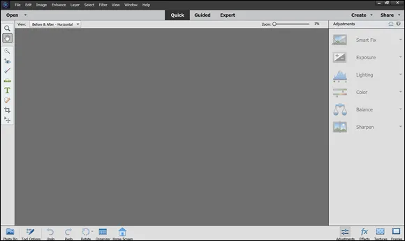 Snapshot of the default Photo Editor workspace with the Quick tab selected.