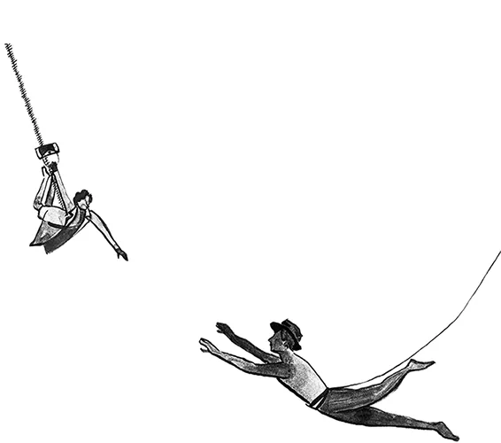 Silhouettes of two figures, a man and a woman, swining towards each other on bungee ropes