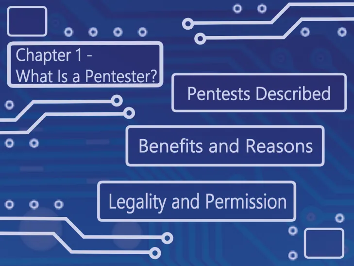 Graphic depiction that Chapter 1 focuses on what a pentester is, why are pentests needed, and what are the legalities involved.