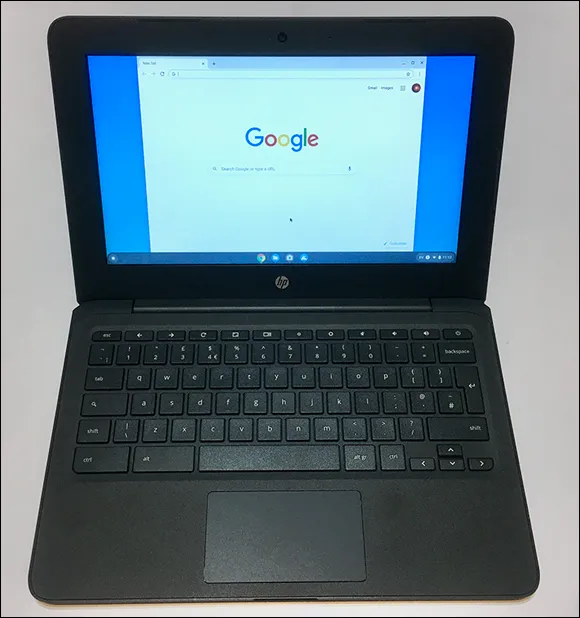 Photo depicts a chromebook displaying Google search engine.