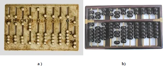 Photos depict the Roman abacus (a) between the 2nd and 5th Centuries, (b) Chinese abacus.