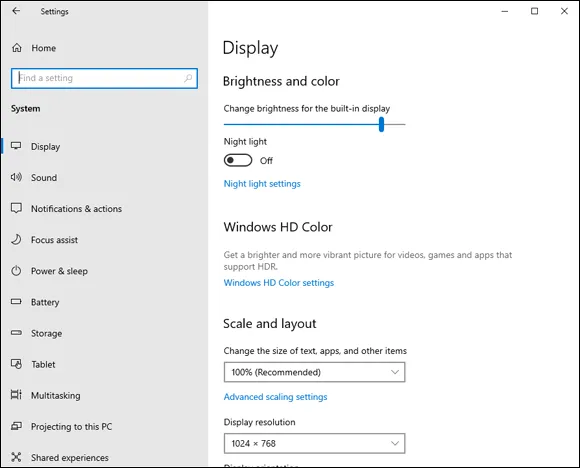 Screenshot of the Display subcategory screen, where, when you click a subcategory on the left, the settings for that subcategory appears on the right.