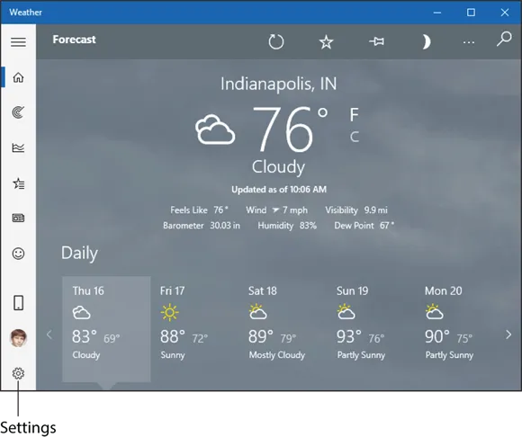 Screenshot of the weather forecast window displaying the temperature and forecast update for a particular location on a particular date and the sequential days.