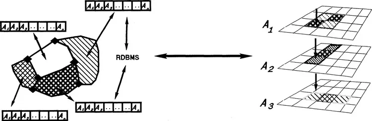 Figure 1.1 Examples of simple spatial objects and fields. Left: a simple object structure with topology and attributes for each polygon. Right: Simple continuous fields (discretized) with a separate layer for each attribute.