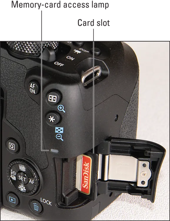 Photo depicts inserting the memory card with the label facing the back of the camera.