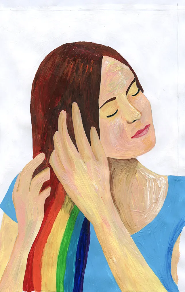 Dipinto di una ragazza che si accarezza i capelli color arcobaleno