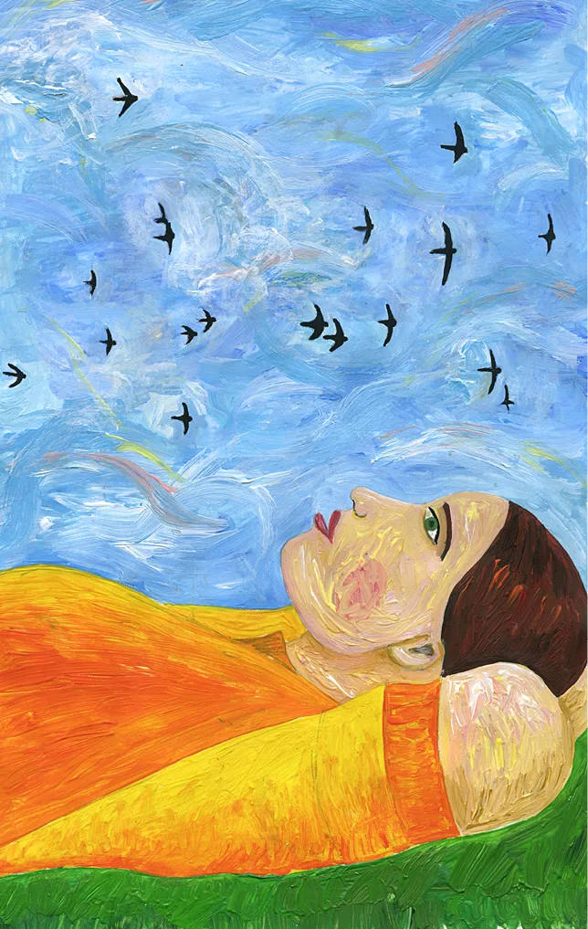 Dipinto di un ragazzo sdraiato in un prato che guarda gli uccelli volare in cielo