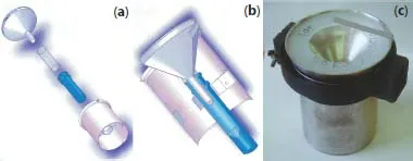 Schematic illustration of steam condenser (a) collector body is a stainless cylinder, 1 or 2 liters with overlying funnel condenser and silicone plugged guide rod. Central collection tube holder lies near cylinder bottom. (b) Cutaway diagram showing interior of condenser parts. (c) Condenser has a fitted splash shield to prevent water loss and contamination.  