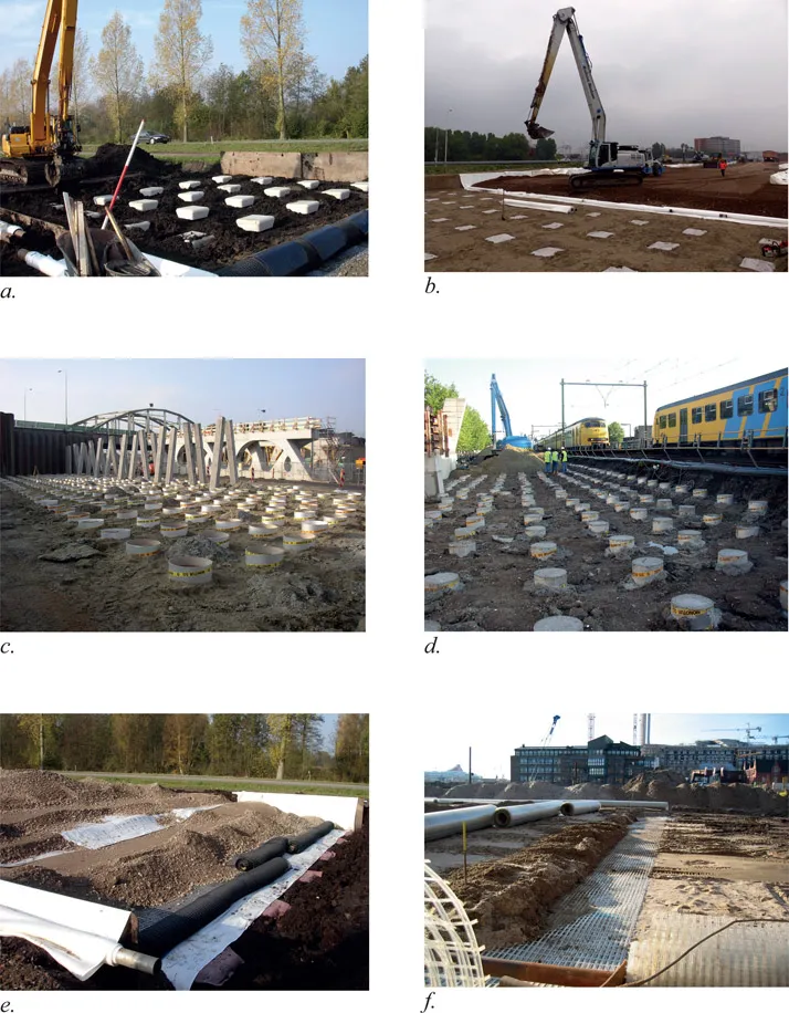 Fig.1.2 Basal reinforced piled embankments under construction. (a) Krimpenerwaard N210 (Ballast Nedam, Huesker, Fugro, Movares), (b) A-15 MAVA project, source: Royal TenCate, contractor: A-Lanes (c) Piled embankment for an abutment necessary for the widening of the A2 near Beesd, the Netherlands (Voorbij Funderingstechniek, Heijmans, CRUX Engineering, Huesker and Deltares), (d) Houten railway (Movares, de Bataafse Alliantie, (ProRail, Mobilis, CFE en KWS Infra), Huesker, Voorbij Funderingstechniek, CRUX Engineering and Deltares), (e) Krimpenerwaard N210 (Ballast Nedam, Huesker, Fugro, Movares), (f) Hamburg (Naue).