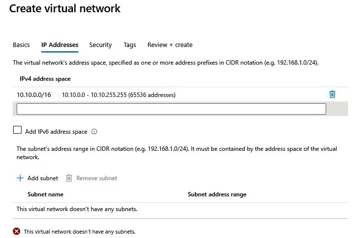 Configuring a virtual network address space and subnet