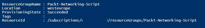 Output displaying the connection to an Azure subscription from PowerShell