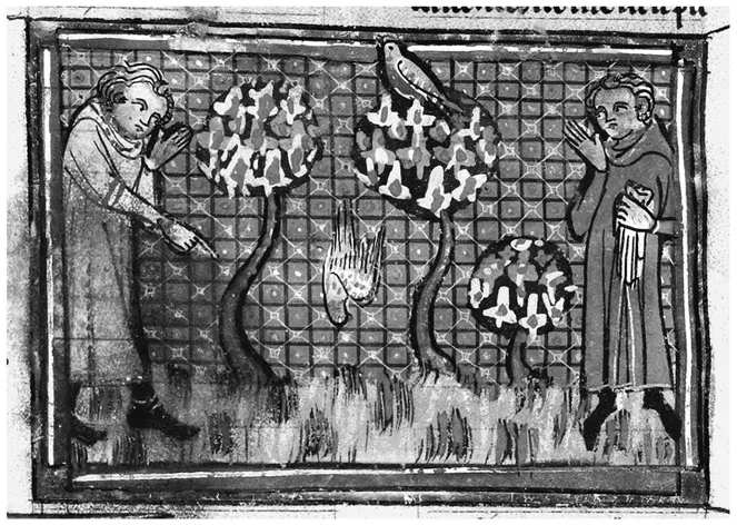 Medieval miniature shows two robed men flanking three small trees where a nightingale is singing while another one plummets to the ground, apparently having lost the singing contest.