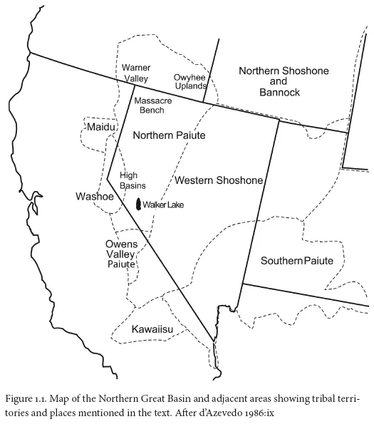 Image: Figure 1.1. Map of the Northern Great Basin and adjacent areas showing tribal territories and places mentioned in the text. After d’Azevedo 1986:ix