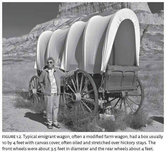 Image: FIGURE 1.2. Typical emigrant wagon, often a modified farm wagon, had a box usually 10 by 4 feet with canvas cover, often oiled and stretched over hickory stays. The front wheels were about 3.5 feet in diameter and the rear wheels about 4 feet.