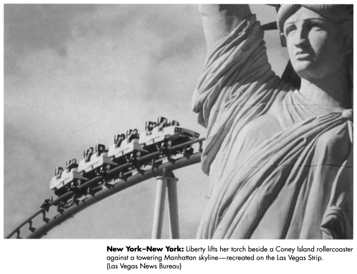 Image: New York-New York: Liberty lifts her torch beside a Coney Island rollercoaster against a towering Manhattan skyline—recreated on the Las Vegas Strip. (Las Vegas News Bureau)